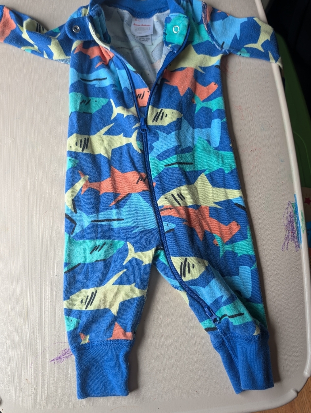 Hanna Anderson Blue Shark Print Zipper Romper 3-6 Months